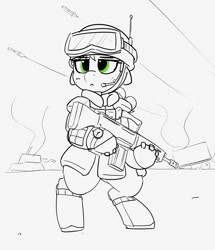 Size: 1353x1576 | Tagged: safe, artist:pabbley, character:applejack, species:earth pony, species:pony, assault rifle, bipedal, female, goggles, gun, helmet, holding, lineart, mare, military, monochrome, neo noir, partial color, rifle, solo, watch, weapon, wristwatch