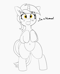 Size: 1200x1491 | Tagged: safe, artist:pabbley, character:lyra heartstrings, species:pony, species:unicorn, belly button, bipedal, female, happy, humie, lineart, mare, monochrome, neo noir, open mouth, partial color, simple background, smiling, solo, text