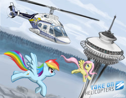 Size: 1389x1080 | Tagged: safe, artist:johnjoseco, character:derpy hooves, character:fluttershy, character:rainbow dash, species:pegasus, species:pony, duo, female, flying, helicopter, mare, seattle, space needle