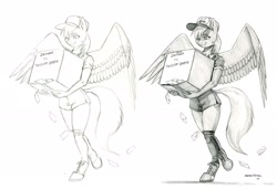 Size: 2036x1395 | Tagged: safe, artist:baron engel, character:derpy hooves, species:anthro, species:pegasus, species:pony, carrying, clothing, hat, letter, mailmare, monochrome, package, pencil drawing, shoes, shorts, socks, spread wings, stamp, traditional art, uniform, wings
