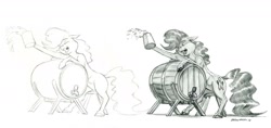 Size: 1751x823 | Tagged: safe, artist:baron engel, character:pinkie pie, species:earth pony, species:pony, barrel, cider, female, grayscale, mare, monochrome, palindrome get, pencil drawing, simple background, sketch, tankard, traditional art, white background