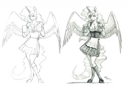 Size: 1764x1186 | Tagged: safe, artist:baron engel, character:princess celestia, species:alicorn, species:anthro, species:pony, bar maid, breasts, cleavage, female, monochrome, pencil drawing, solo, traditional art, waitress