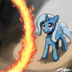 Size: 900x900 | Tagged: safe, artist:johnjoseco, character:trixie, species:pony, species:unicorn, female, fire, mare, ring of fire, solo, worried