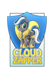 Size: 1280x1811 | Tagged: safe, artist:mysticalpha, oc, oc only, oc:cloud zapper, species:pegasus, species:pony, armor, armored pony, badge, convention badge, guard armor, male, royal guard, solo, stallion, text