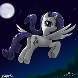 Size: 900x900 | Tagged: safe, artist:johnjoseco, character:rarity, species:alicorn, species:pony, alicornified, bedroom eyes, female, flying, looking at you, looking back, mare, moon, night, race swap, raricorn, sky, smiling, solo, spread wings, stars, wings