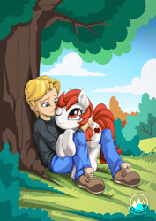 Size: 955x1351 | Tagged: safe, artist:mysticalpha, oc, oc:heart spark, species:human, species:pony, bush, clothing, holding a pony, human male, kid, male, one eye closed, pants, scenery, shoes, sitting, smiling, tree trunk