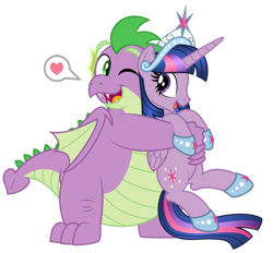 Size: 1920x1779 | Tagged: safe, artist:aleximusprime, character:spike, character:twilight sparkle, character:twilight sparkle (alicorn), species:alicorn, species:dragon, species:pony, adult, adult spike, anklet, awww, big crown thingy, brother and sister, cute, dawwww, diabetes, fat, fat spike, female, folded wings, heart, hug, hug from behind, jewelry, love, male, mare, older, older spike, older twilight, one eye closed, pictogram, regalia, royal jewelry, siblings, spikabetes, twiabetes, winged spike, wings, wink