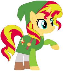 Size: 385x432 | Tagged: safe, artist:selenaede, artist:user15432, base used, character:sunset shimmer, species:pony, species:unicorn, boots, clothing, crossdressing, crossover, cute, green clothes, green hat, hat, link, nintendo, shimmerbetes, shoes, super smash bros., the legend of zelda, the legend of zelda: the wind waker, toon link