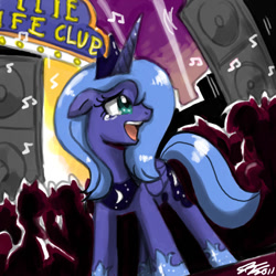 Size: 900x900 | Tagged: safe, artist:johnjoseco, character:princess luna, species:alicorn, species:pony, colored, crowd, crying, disco, female, floppy ears, happy, mare, nightclub, party, s1 luna, speakers, tears of joy