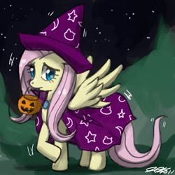 Size: 900x900 | Tagged: safe, artist:johnjoseco, character:fluttershy, species:pegasus, species:pony, cape, clothing, costume, female, hat, mare, mouth hold, night, nightmare night, shivering, solo, witch hat