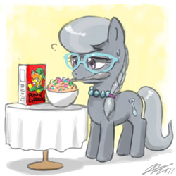 Size: 900x900 | Tagged: safe, artist:johnjoseco, character:silver spoon, species:earth pony, species:pony, cereal, female, filly, glasses, horse problems, mouth hold, solo, spoon