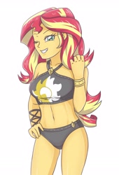 Size: 2208x3248 | Tagged: safe, artist:sumin6301, edit, character:sunset shimmer, equestria girls:forgotten friendship, g4, my little pony: equestria girls, my little pony:equestria girls, adorasexy, belly button, bikini, bikini babe, black swimsuit, clothing, cute, cutie mark on clothes, cutie mark swimsuit, female, hand on hip, high res, jeweled swimsuit, lidded eyes, looking at you, one eye closed, sexy, shimmerbetes, simple background, smiling, solo, summer sunset, sunsex shimmer, swimsuit, white background, wink