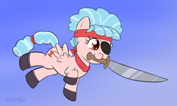 Size: 1000x600 | Tagged: safe, artist:empyu, character:cozy glow, species:pegasus, species:pony, 45 minute art challenge, cozybetes, cute, eyepatch, female, filly, gradient background, mouth hold, pirate, solo, sword, weapon