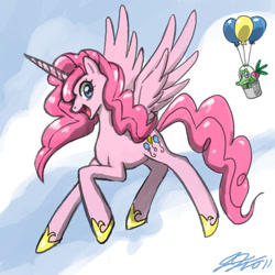 Size: 900x900 | Tagged: safe, artist:johnjoseco, character:gummy, character:pinkie pie, species:alicorn, species:pony, alicornified, balloon, female, flying, hilarious in hindsight, mare, mr. turnip, pinkiecorn, race swap, sky, xk-class end-of-the-world scenario