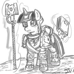 Size: 1280x1280 | Tagged: safe, artist:johnjoseco, character:twilight sparkle, crossover, grayscale, librarian, monochrome, power armor, powered exoskeleton, psyker, space marine, warhammer (game), warhammer 40k