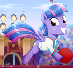 Size: 1871x1742 | Tagged: safe, artist:the-butch-x, character:wind sprint, species:pegasus, species:pony, episode:common ground, g4, my little pony: friendship is magic, buckball, clothing, cloud, cute, female, filly, flying, freckles, looking at you, signature, sky, smiling, solo, sports, sprintabetes, wings
