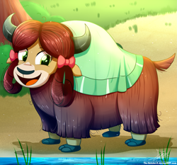 Size: 1871x1742 | Tagged: safe, artist:the-butch-x, character:yona, species:yak, season 8, bow, cloven hooves, cute, female, grass, hair bow, happy, monkey swings, open mouth, quadrupedal, smiling, solo, tree, water, yonadorable