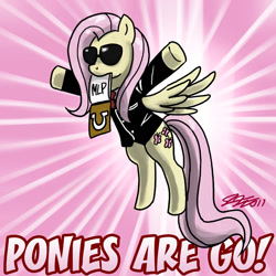 Size: 900x900 | Tagged: safe, artist:johnjoseco, character:fluttershy, species:pegasus, species:pony, abstract background, clothing, elite beat agents, female, flying, mare, mouth hold, parody, rhythm game, solo, sunglasses