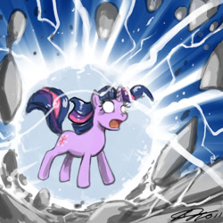 Size: 900x900 | Tagged: safe, artist:johnjoseco, character:twilight sparkle, character:twilight sparkle (unicorn), species:pony, species:unicorn, female, floating, force field, glowing eyes, magic overload, mare, rock, solo