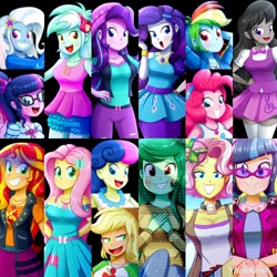 Size: 1024x1024 | Tagged: safe, artist:the-butch-x, edit, character:applejack, character:bon bon, character:fluttershy, character:juniper montage, character:lyra heartstrings, character:octavia melody, character:pinkie pie, character:rainbow dash, character:rarity, character:starlight glimmer, character:sunset shimmer, character:sweetie drops, character:trixie, character:twilight sparkle, character:twilight sparkle (scitwi), character:vignette valencia, character:wallflower blush, species:eqg human, g4, my little pony: equestria girls, my little pony:equestria girls, breasts, cleavage, clothing, collage, dress, geode of empathy, geode of fauna, geode of shielding, geode of sugar bombs, geode of super strength, geode of telekinesis, magical geodes, vignette valencia