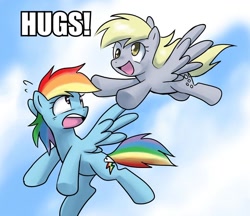 Size: 800x692 | Tagged: safe, artist:johnjoseco, edit, character:derpy hooves, character:rainbow dash, species:pegasus, species:pony, duo, female, flying, hug, image macro, mare, sky
