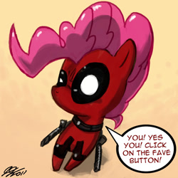 Size: 900x900 | Tagged: safe, artist:johnjoseco, character:pinkie pie, species:earth pony, species:pony, crossover, deadpool, dialogue, female, fourth wall, mare, pinkiepool, solo, speech bubble