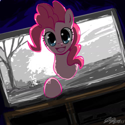 Size: 2400x2400 | Tagged: safe, artist:johnjoseco, character:pinkie pie, species:earth pony, species:pony, female, fourth wall, high res, looking at you, mare, smiling, solo, television, the ring, well