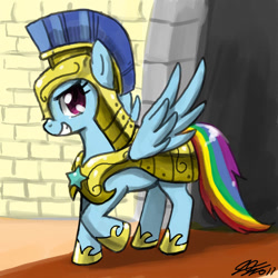 Size: 900x900 | Tagged: safe, artist:johnjoseco, character:rainbow dash, species:pegasus, species:pony, armor, female, grin, guardsmare, mare, royal guard armor, smiling, solo