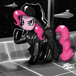 Size: 900x900 | Tagged: safe, artist:johnjoseco, character:pinkie pie, species:earth pony, species:pony, crossover, darth pinkie, darth vader, female, mare, raised hoof, reference, solo, spaceship, star destroyer, star wars