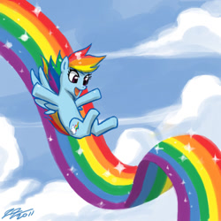 Size: 900x900 | Tagged: safe, artist:johnjoseco, character:rainbow dash, species:pegasus, species:pony, female, mare, rainbow, sky, sliding, solo