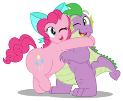 Size: 2000x1640 | Tagged: safe, artist:aleximusprime, character:pinkie pie, character:spike, species:dragon, species:earth pony, species:pony, bow, chubbie pie, chubby, chubby spike, cuddly, cute, diabetes, fat, fat spike, female, hug, huggable, male, mare, older, older pinkie pie, older spike, one eye closed, plump, pudgy pie, winged spike, wink