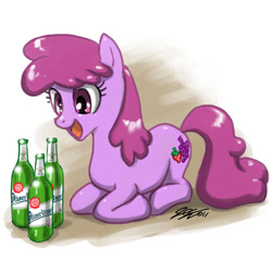 Size: 900x900 | Tagged: safe, artist:johnjoseco, character:berry punch, character:berryshine, species:earth pony, species:pony, alcohol, beer, beverage, blackletter, bottle, female, happy, mare, prone, solo, that pony sure does love alcohol