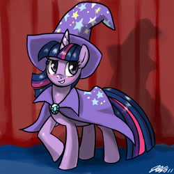 Size: 900x900 | Tagged: safe, artist:johnjoseco, character:twilight sparkle, species:pony, species:unicorn, accessory swap, blushing, curtains, female, mare, solo, stage, the great and powerful, the great and powerful twilight, trixie's cape, trixie's hat