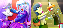 Size: 2120x960 | Tagged: safe, artist:the-butch-x, edit, character:bon bon, character:lyra heartstrings, character:sweetie drops, character:trixie, episode:all's fair in love & friendship games, g4, my little pony: equestria girls, my little pony:equestria girls, bugs bunny, cartoon physics, clothing, daffy duck, hat, looking at you, looney tunes, magic trick, open mouth, smiling