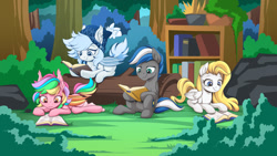 Size: 1280x720 | Tagged: safe, artist:mysticalpha, oc, oc only, oc:cloud zapper, oc:cobalt tangle, oc:paper stars, oc:silver puff, oc:snow puff, species:bat pony, species:pegasus, species:pony, book, bookshelf, clothing, forest, grass, hat, outdoors, reading, relaxed, relaxing, rock, tree