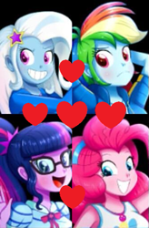 Size: 335x512 | Tagged: safe, artist:the-butch-x, edit, character:pinkie pie, character:rainbow dash, character:trixie, character:twilight sparkle, character:twilight sparkle (scitwi), species:eqg human, ship:pinkiedash, ship:trixdash, ship:trixiepie, ship:twidash, ship:twinkie, ship:twixie, my little pony:equestria girls, female, lesbian, needs more jpeg, polyamory, sci-twixie, scitwidash, scitwinkie, scitwixie, shipping, shipping domino, smiling