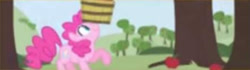 Size: 444x125 | Tagged: safe, artist:egophiliac, character:pinkie pie, species:pony, apple, apple tree, bucket on nose, cute, female, food, game:the super speedy cider squeezy 6000, low quality, solo, tree