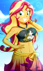 Size: 820x1360 | Tagged: safe, artist:the-butch-x, part of a set, character:sunset shimmer, equestria girls:forgotten friendship, g4, my little pony: equestria girls, my little pony:equestria girls, adorasexy, bare shoulders, beautiful, belly button, bikini, bikini babe, blushing, breasts, busty sunset shimmer, clothing, cloud, crepuscular rays, cute, female, hand on hip, lens flare, midriff, sarong, sexy, shimmerbetes, sky, smiling, solo, summer sunset, swimsuit