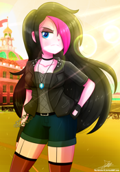 Size: 1020x1460 | Tagged: safe, artist:the-butch-x, oc, oc only, oc:zoe star pink, my little pony:equestria girls, badass, breasts, canterlot high, cleavage, clothing, equestria girls-ified, female, fingerless gloves, gift art, gloves, hair over one eye, hand on hip, jacket, shorts, signature, solo