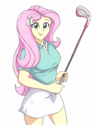 Size: 2477x3178 | Tagged: safe, artist:sumin6301, character:fluttershy, my little pony:equestria girls, clothing, female, golf, golf club, simple background, skirt, smiling, solo, sports, white background