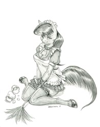 Size: 1000x1277 | Tagged: safe, artist:baron engel, character:octavia melody, species:anthro, species:earth pony, species:pony, species:unguligrade anthro, breasts, cleavage, clothing, female, french maid, grayscale, looking at you, maid, mare, monochrome, octamaid, pencil drawing, shoes, simple background, sitting, solo, stockings, thigh highs, traditional art, white background, zettai ryouiki