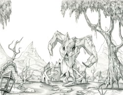 Size: 1400x1083 | Tagged: safe, artist:baron engel, evil lair, grogar's lair, lair, monochrome, no pony, pencil drawing, traditional art