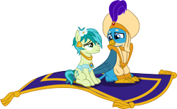 Size: 1800x1114 | Tagged: safe, artist:cloudyglow, character:gallus, character:sandbar, species:earth pony, species:griffon, species:pony, ship:gallbar, aladdin, clothing, cosplay, costume, crossdressing, crossover, cute, disney princess, flower, flower in hair, flying carpet, gallabetes, gay, male, princess jasmine, sandabetes, shipping, show accurate, turban