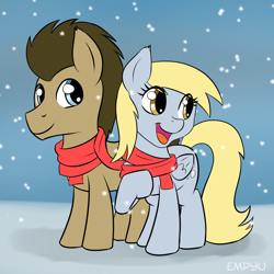 Size: 1000x1000 | Tagged: safe, artist:empyu, character:derpy hooves, character:doctor whooves, character:time turner, species:pony, ship:doctorderpy, clothing, cute, eye clipping through hair, female, male, mare, scarf, shipping, smiling, snow, snowfall, straight, winter