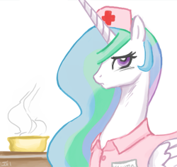 Size: 1295x1218 | Tagged: safe, artist:johnjoseco, edit, character:princess celestia, species:alicorn, species:pony, clothing, color edit, colored, concerned, cosplay, costume, cute, cutelestia, female, food, hat, looking at you, nurse, nurse hat, nurse outfit, profile, solo, soup