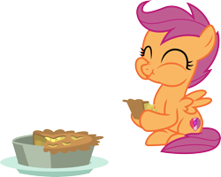 Size: 3754x3000 | Tagged: safe, artist:cloudyglow, artist:parclytaxel, character:scootaloo, species:pegasus, species:pony, episode:the break up break down, .ai available, apple pie, aweeg*, cheek puffing, chewing, content, cute, cutealoo, cutie mark, eating, female, filly, foal, food, happy, heart, heart shaped, pie, satisfied, simple background, sitting, solo, the cmc's cutie marks, transparent background, vector