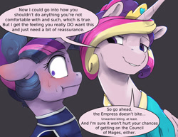 Size: 1650x1275 | Tagged: safe, artist:silfoe, character:princess cadance, character:twilight sparkle, species:pony, alternate hairstyle, alternate universe, dialogue, duo, female, gray background, implied nightmare moon, mare, moonsetmlp, simple background, speech bubble
