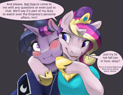 Size: 1650x1275 | Tagged: safe, artist:silfoe, character:princess cadance, character:twilight sparkle, species:pony, alternate hairstyle, alternate universe, clothing, dialogue, duo, female, gray background, hoof shoes, implied nightmare moon, mare, moonsetmlp, one eye closed, simple background, speech bubble