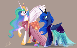 Size: 1280x800 | Tagged: safe, artist:silfoe, edit, editor:childofthenight, character:princess celestia, character:princess luna, species:alicorn, species:pony, royal sketchbook, episode:make new friends but keep discord, g4, my little pony: friendship is magic, braided tail, clothing, cute, dress, ethereal mane, female, gala dress, galaxy mane, looking at each other, mare, one hoof raised, royal sisters, siblings, sisters, spread wings, wings