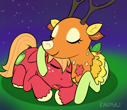 Size: 1000x867 | Tagged: safe, artist:empyu, character:big mcintosh, character:the great seedling, species:deer, species:earth pony, species:pony, episode:going to seed, g4, my little pony: friendship is magic, cuddling, cute, eyes closed, male, night, sleeping, stallion, stars